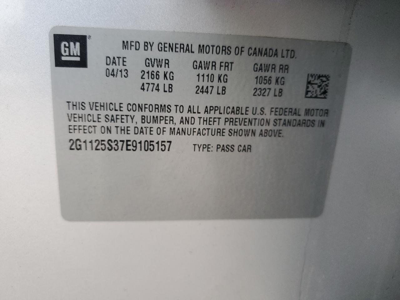 2014 Chevrolet Impala VIN 2G1125S37E9105157 Copart auction photo, front end / side damage thumbnail 13