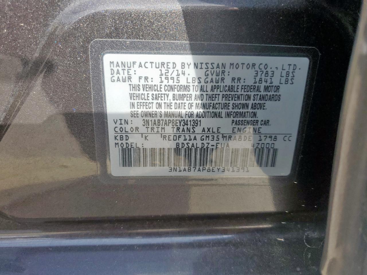 2014 Nissan Sentra VIN 3N1AB7AP8EY341391 Copart auction photo, rear end damage thumbnail 15