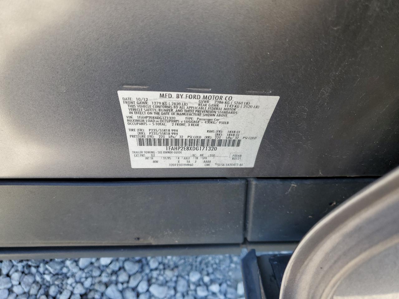 2013 Ford Taurus VIN 1FAHP2E8XDG171320 Copart auction photo, hail / side damage thumbnail 12