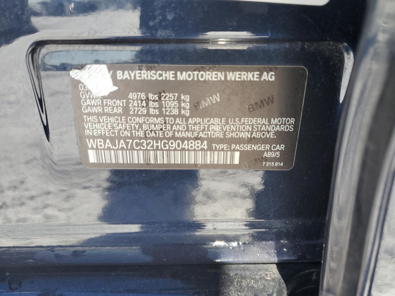 2017 BMW 5er VIN WBAJA7C32HG904884 Copart auction photo, front end / minor dent/scratches damage thumbnail 14