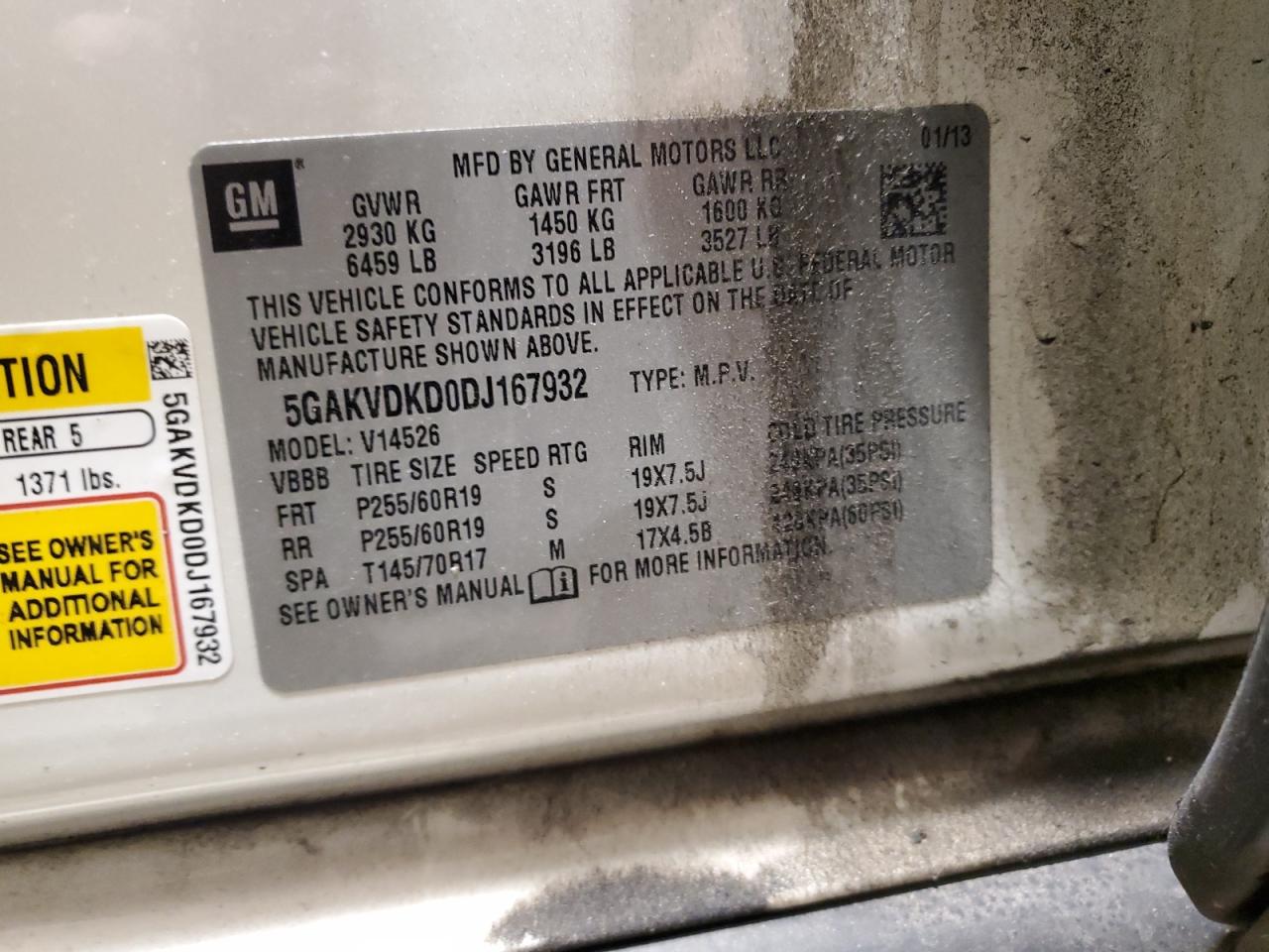2013 Buick Enclave VIN 5GAKVDKD0DJ167932 Copart auction photo, minor dent/scratches damage thumbnail 13