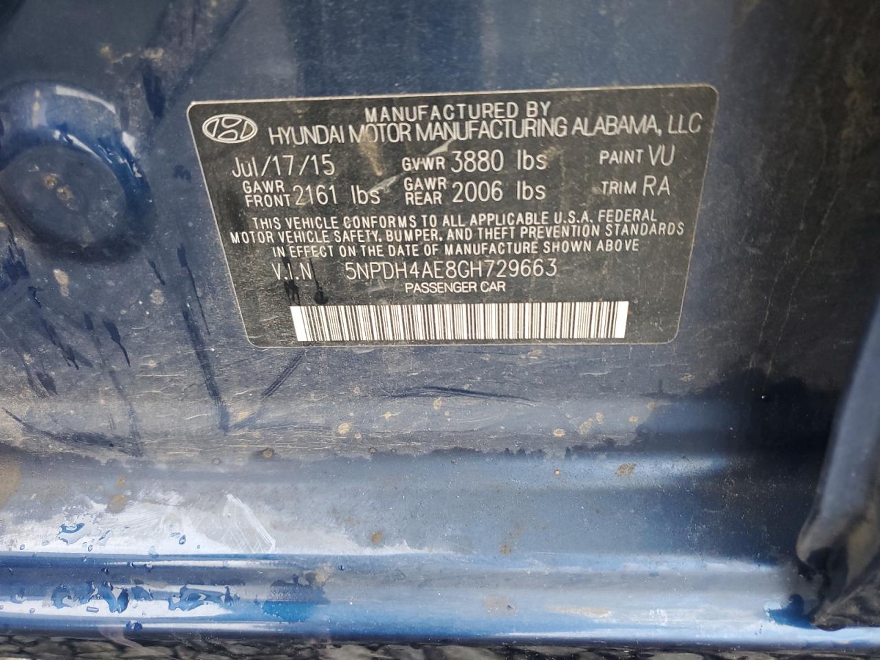 2016 Hyundai Elantra VIN 5NPDH4AE8GH729663 Copart auction photo, front end / rear end damage thumbnail 12