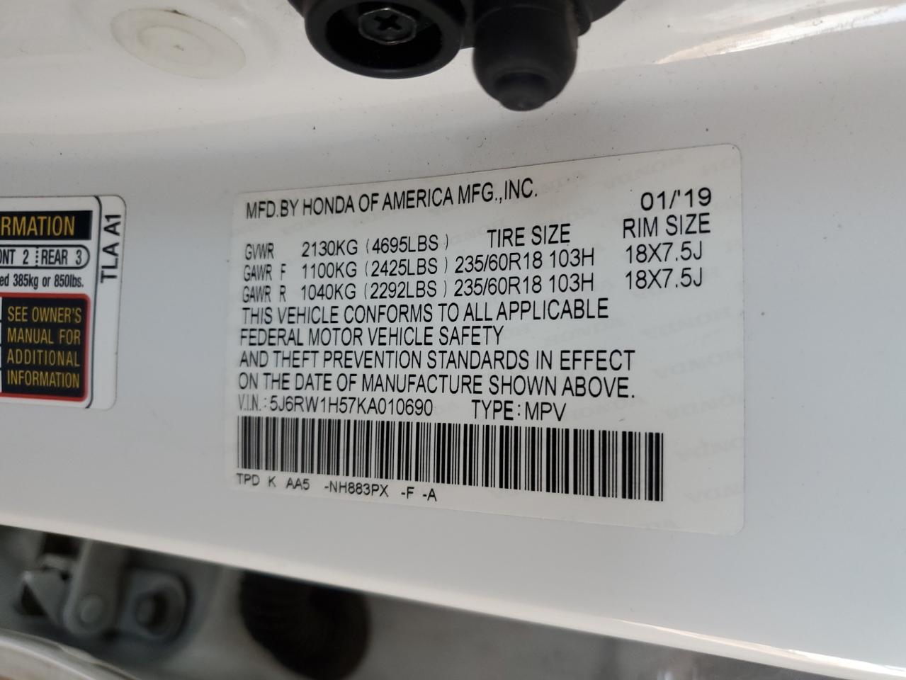 2019 Honda CR-V VIN 5J6RW1H57KA010690 Copart auction photo, front end / rear end damage thumbnail 12