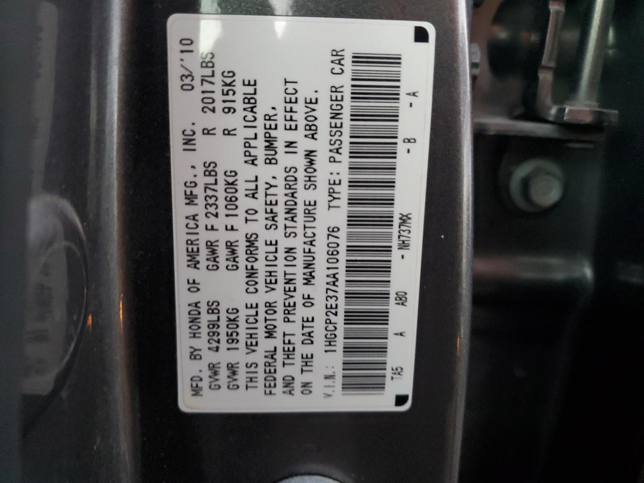 2010 Honda Accord VIN 1HGCP2E37AA106076 Copart auction photo, front end damage thumbnail 12
