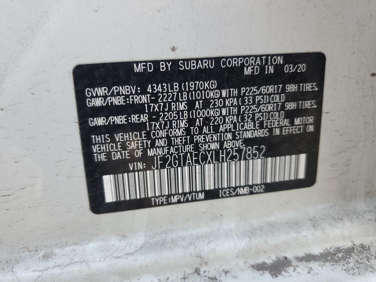 2020 Subaru XV VIN JF2GTAECXLH257852 Copart auction photo, front end / side damage thumbnail 14