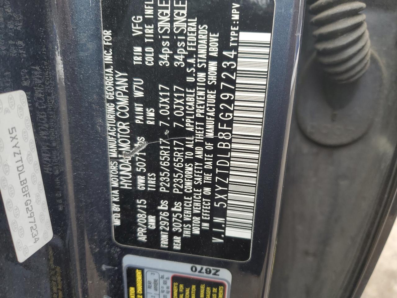 2015 Hyundai Santa Fe VIN 5XYZTDLB8FG297234 Copart auction photo, minor dent/scratches damage thumbnail 13