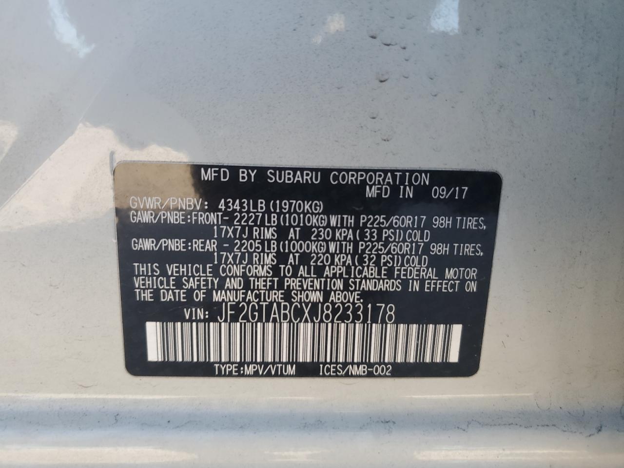 2018 Subaru XV VIN JF2GTABCXJ8233178 Copart auction photo, rear end / side damage thumbnail 15