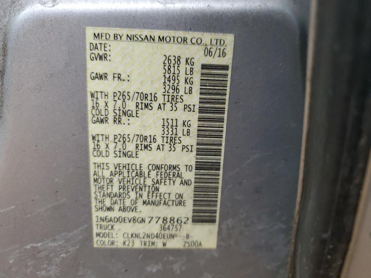 2016 Nissan Navara (Frontier) VIN 1N6AD0EV8GN778862 Copart auction photo, front end / rear end damage thumbnail 14