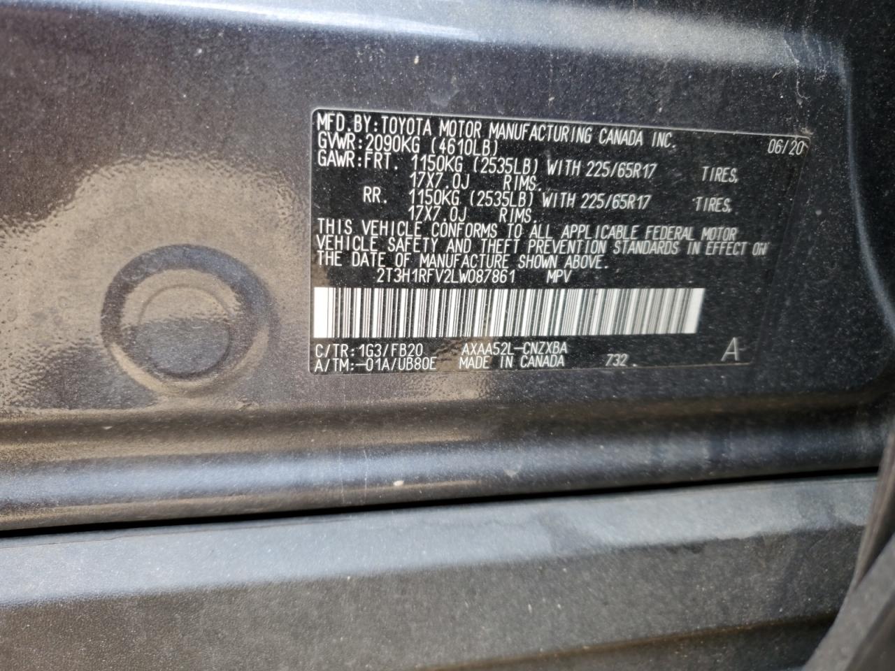 2020 Toyota RAV 4 VIN 2T3H1RFV2LW087861 Copart auction photo, front end damage thumbnail 15