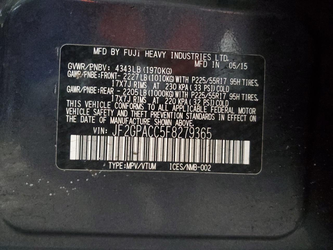 2015 Subaru XV VIN JF2GPACC5F8279365 Copart auction photo, front end damage thumbnail 12
