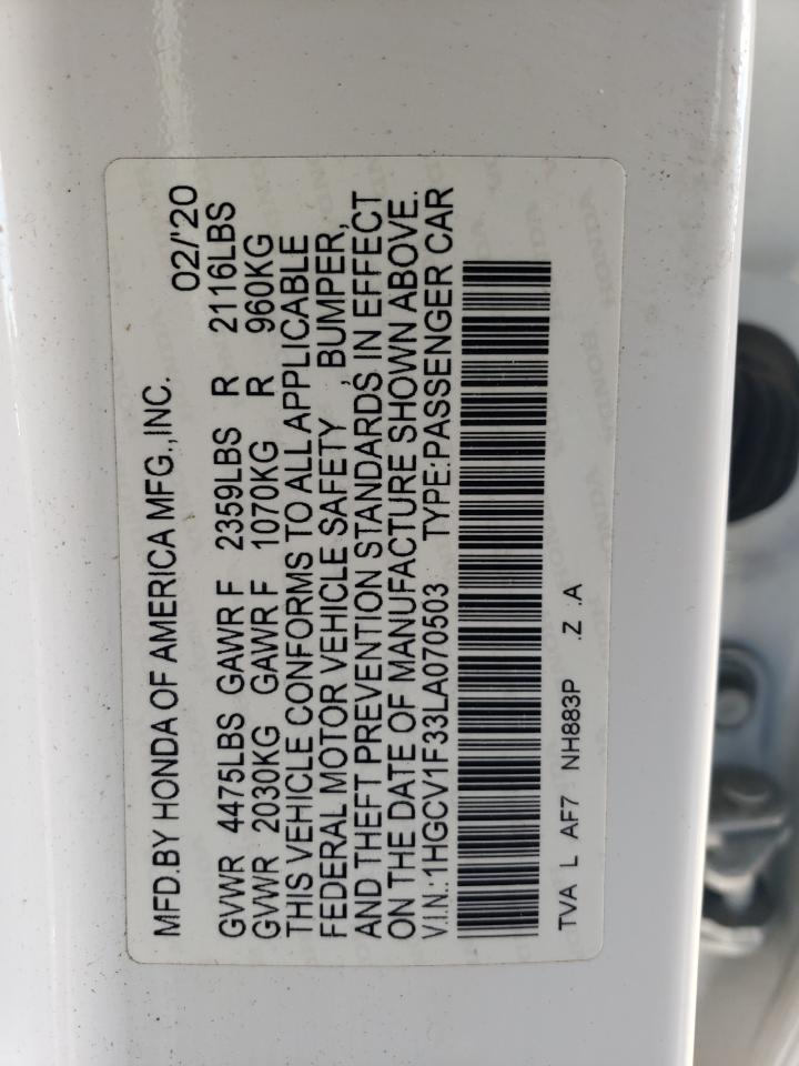 2020 Honda Accord VIN 1HGCV1F33LA070503 Copart auction photo, front end damage thumbnail 12
