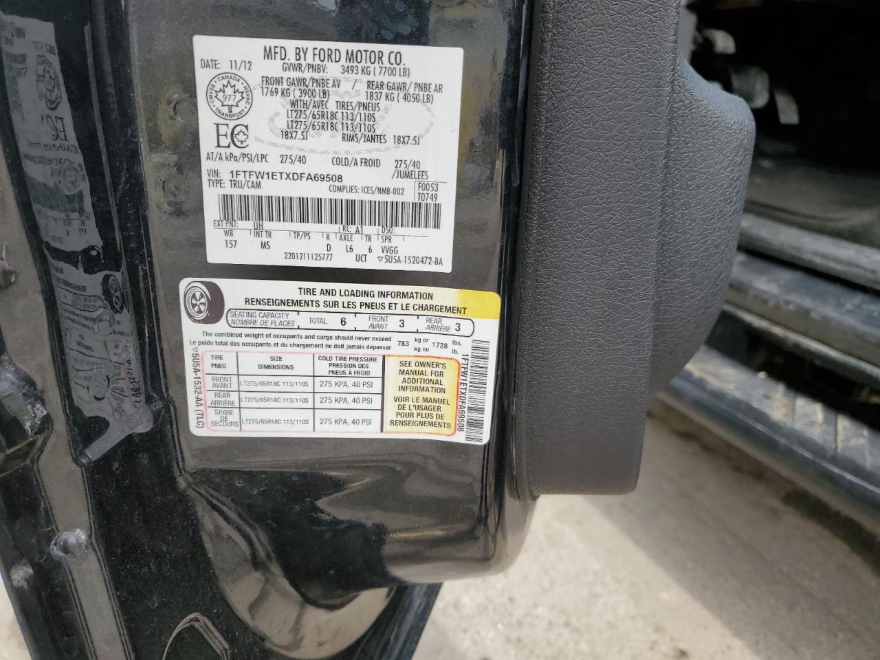 2013 Ford F-150 VIN 1FTFW1ETXDFA69508 Copart auction photo, rear end damage thumbnail 12