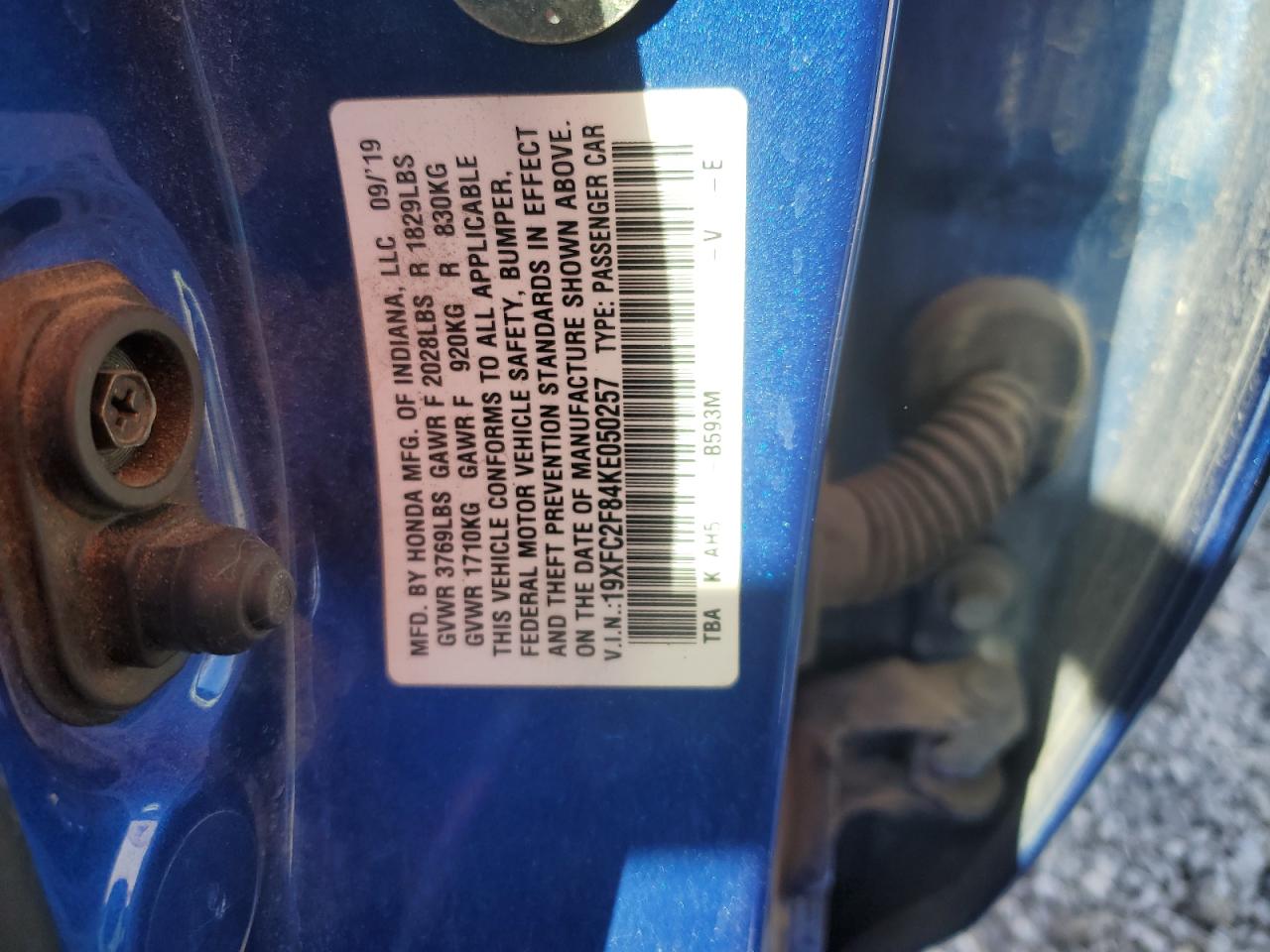 2019 Honda Civic VIN 19XFC2F84KE050257 Copart auction photo, rear end / front end damage thumbnail 14