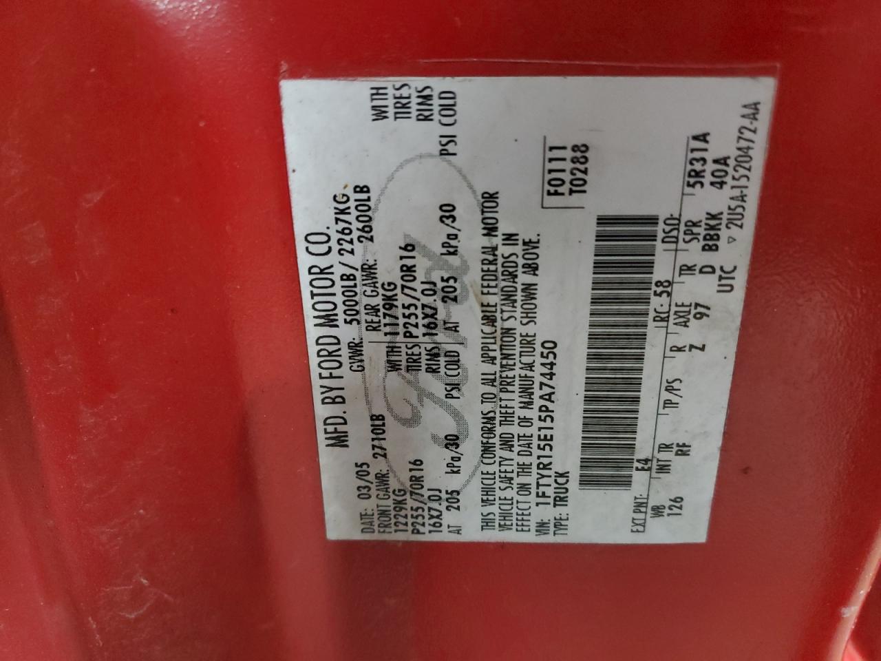 2005 Ford Ranger VIN 1FTYR15E15PA74450 Copart auction photo, side damage thumbnail 12