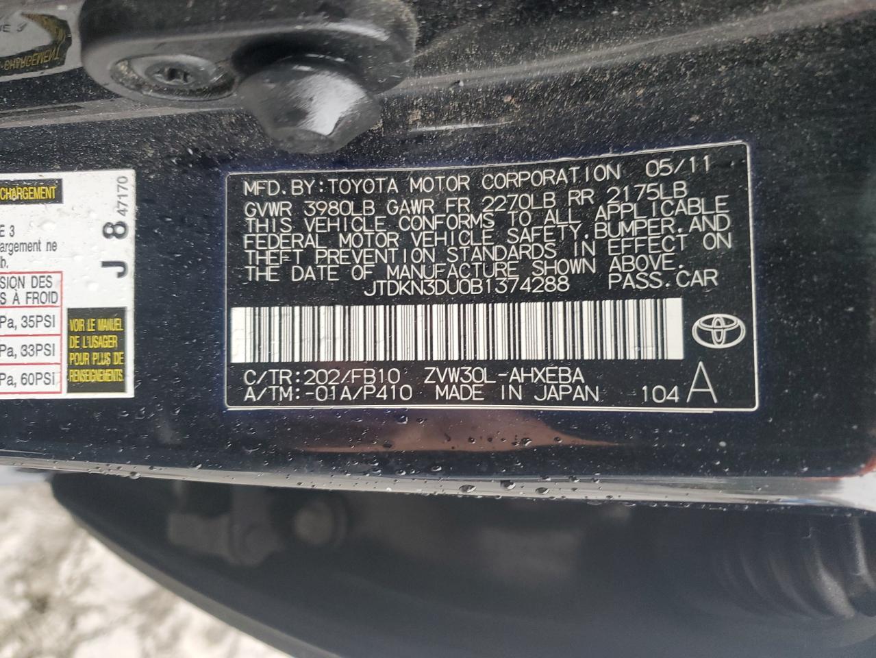 2011 Toyota Prius VIN JTDKN3DU0B1374288 Copart auction photo, front end / side damage thumbnail 13