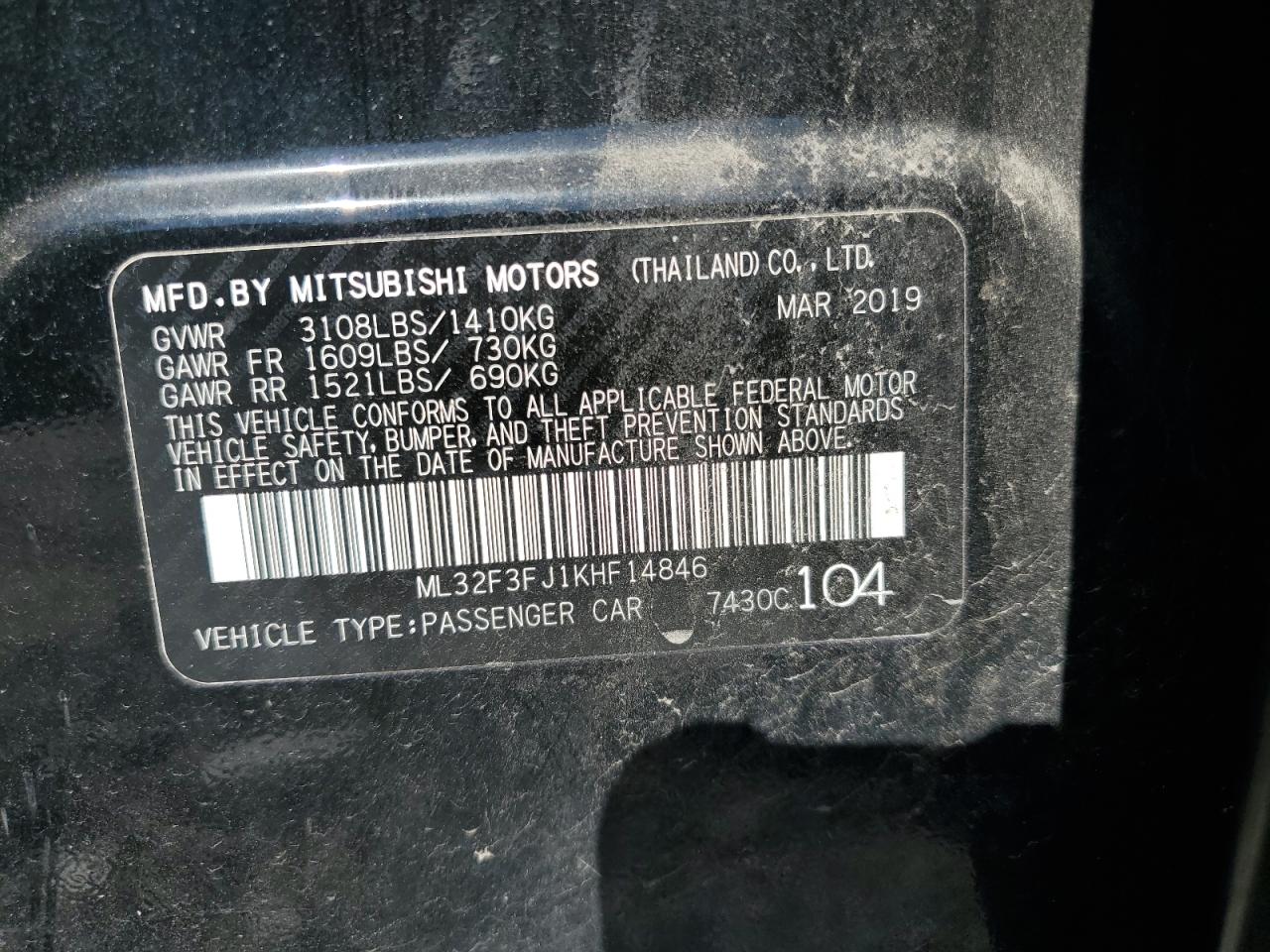 2019 Mitsubishi Mirage VIN ML32F3FJ1KHF14846 Copart auction photo, front end damage thumbnail 12