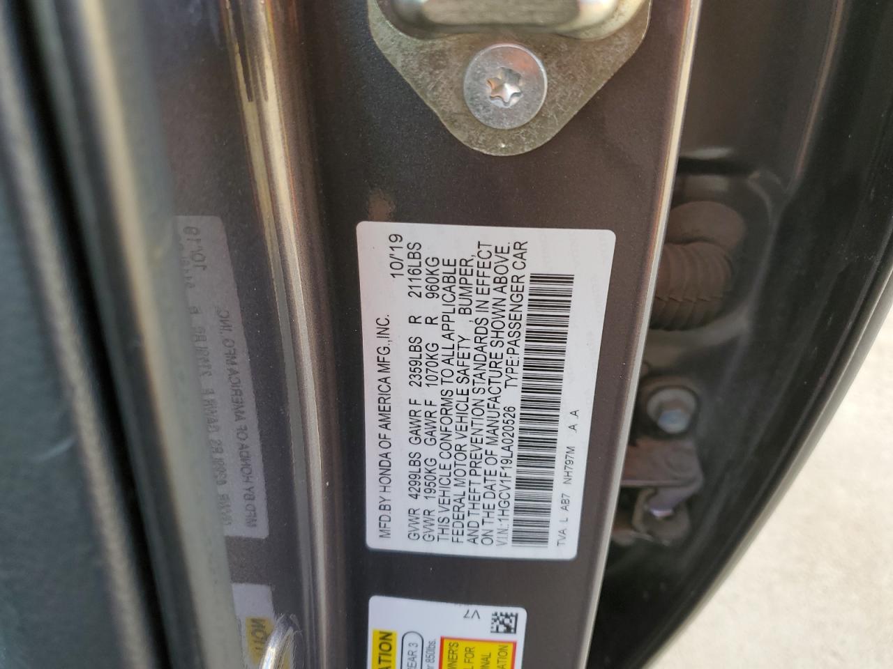 2020 Honda Accord VIN 1HGCV1F19LA020526 Copart auction photo, biohazard/chemical / all over damage thumbnail 13
