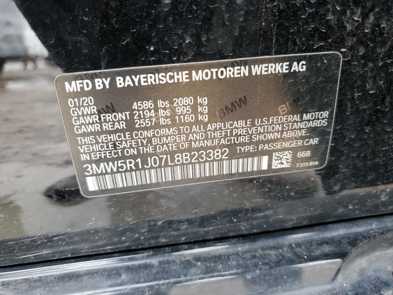 2020 BMW 3er VIN 3MW5R1J07L8B23382 Copart auction photo, front end / minor dent/scratches damage thumbnail 14