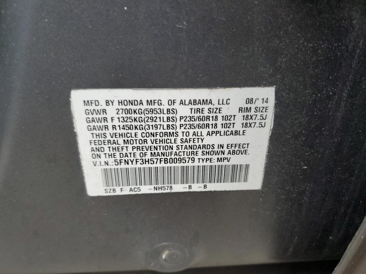 2015 Honda Pilot VIN 5FNYF3H57FB009579 Copart auction photo, front end damage thumbnail 13
