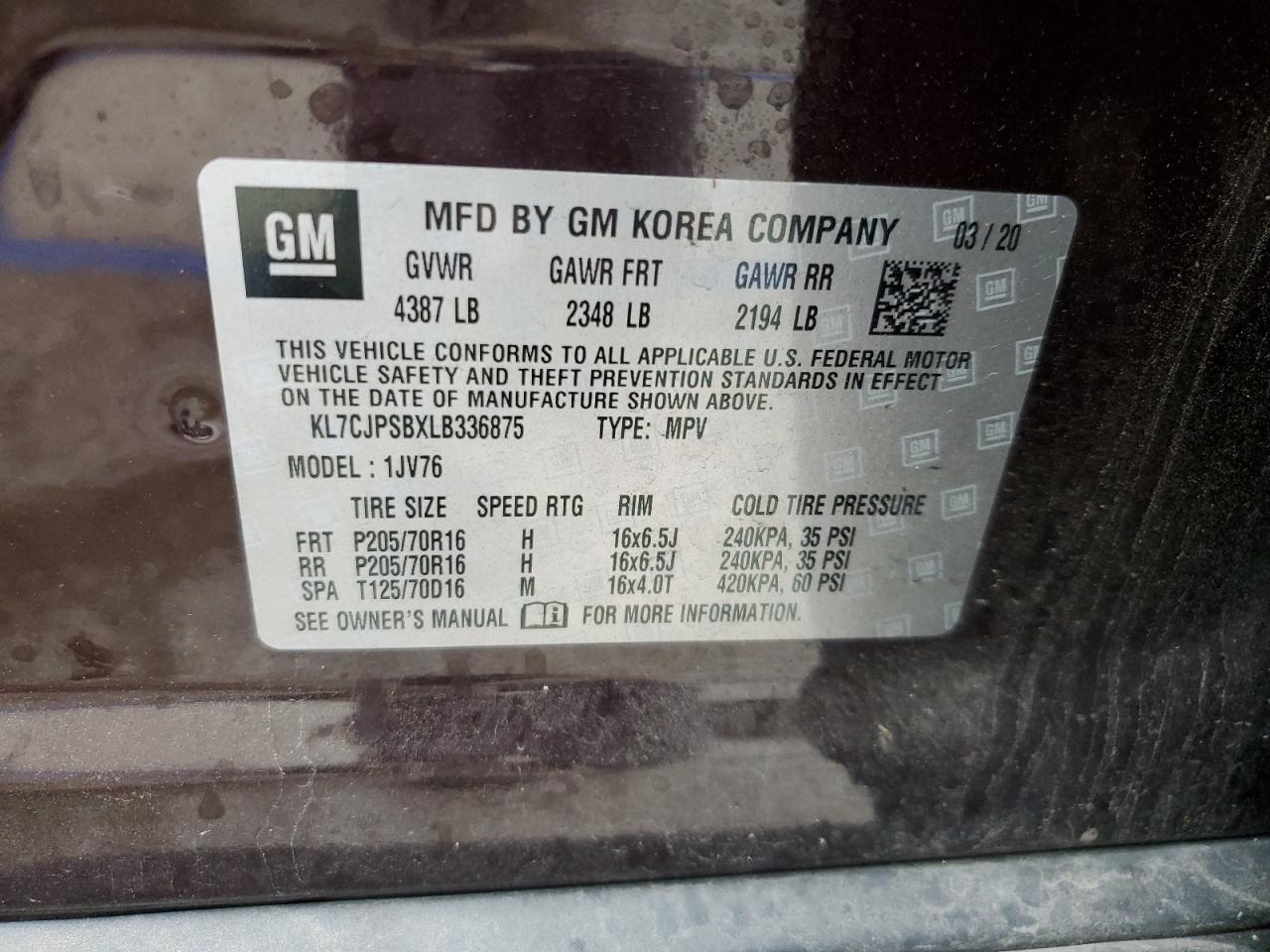 2020 Chevrolet Trax VIN KL7CJPSBXLB336875 Copart auction photo, front end damage thumbnail 13
