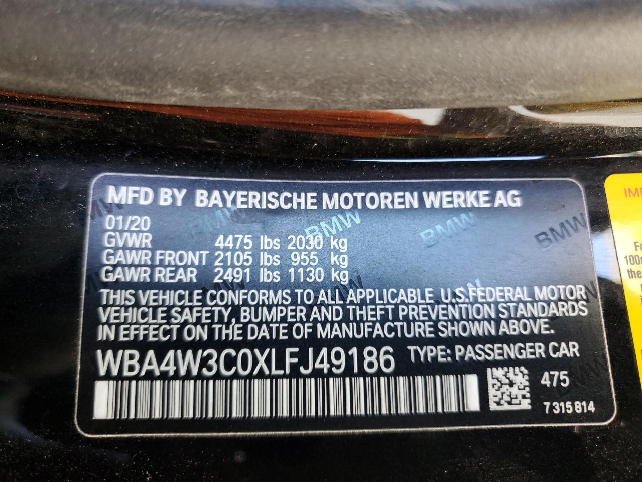 2020 BMW 4er VIN WBA4W3C0XLFJ49186 Copart auction photo, all over damage thumbnail 12