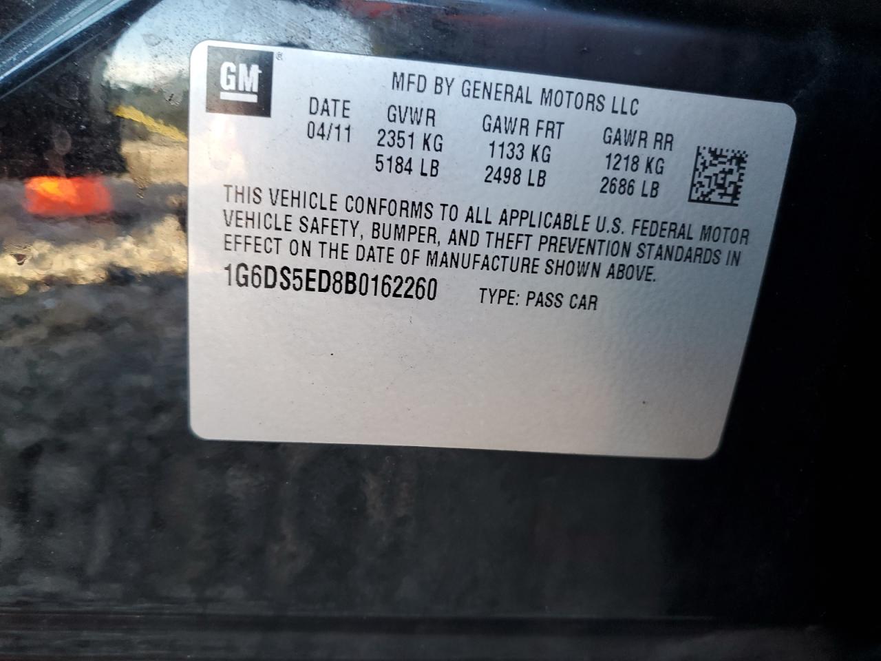 2011 Cadillac CTS VIN 1G6DS5ED8B0162260 Copart auction photo, front end damage thumbnail 12