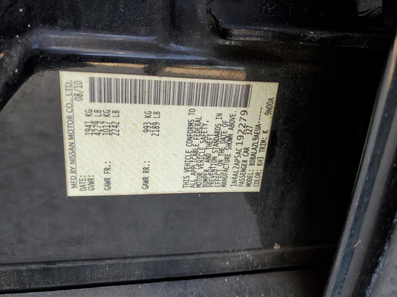 2010 Nissan Altima VIN 1N4AL2AP5AC192279 Copart auction photo, side / front end damage thumbnail 12