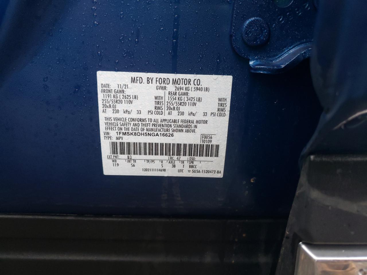 2022 Ford Explorer VIN 1FMSK8DH5NGA16626 Copart auction photo, rear end damage thumbnail 14