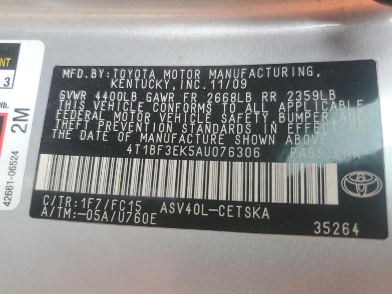 2010 Toyota Camry VIN 4T1BF3EK5AU076306 Copart auction photo, rear end damage thumbnail 15