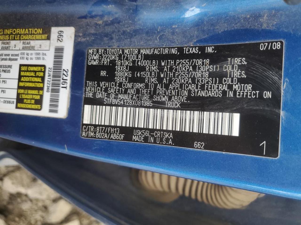 2008 Toyota Tundra VIN 5TFBV54128X081385 Copart auction photo, side / rear end damage thumbnail 12