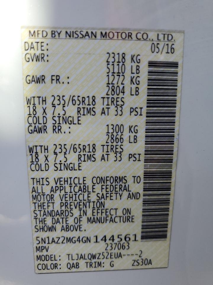 2016 Nissan Murano VIN 5N1AZ2MG4GN144561 Copart auction photo, front end / rear end damage thumbnail 14