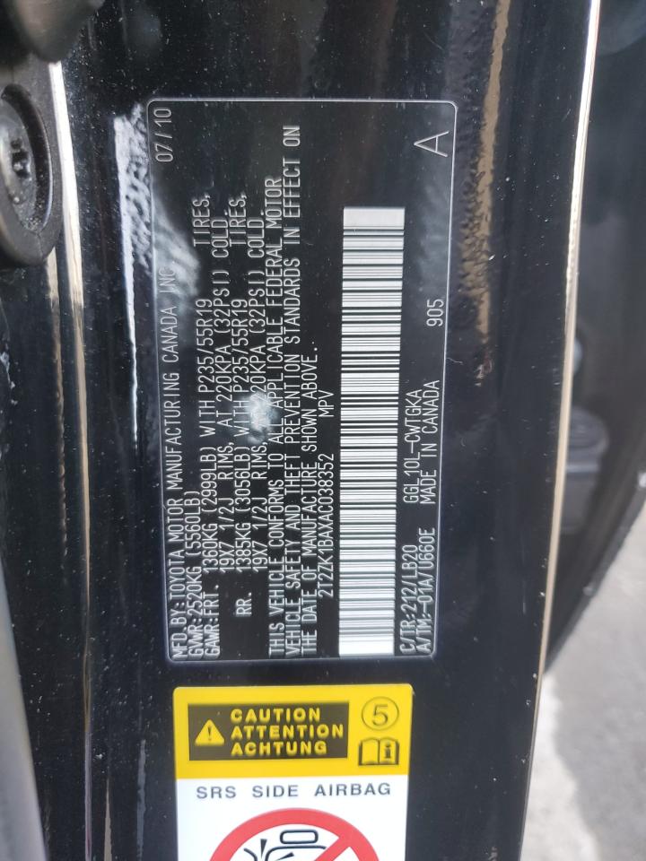 2010 Lexus RX VIN 2T2ZK1BAXAC038352 Copart auction photo, rear end damage thumbnail 13