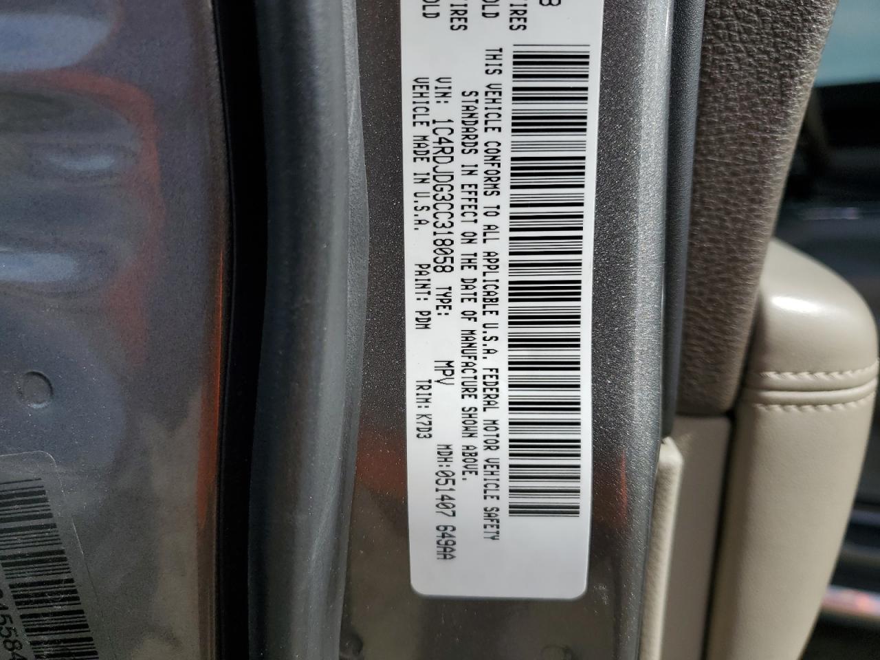 2012 Dodge Durango VIN 1C4RDJDG3CC318058 Copart auction photo, front end damage thumbnail 14