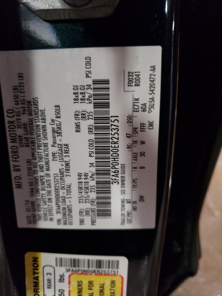 2014 Ford Fusion VIN 3FA6P0HD0ER253751 Copart auction photo, side / front end damage thumbnail 12
