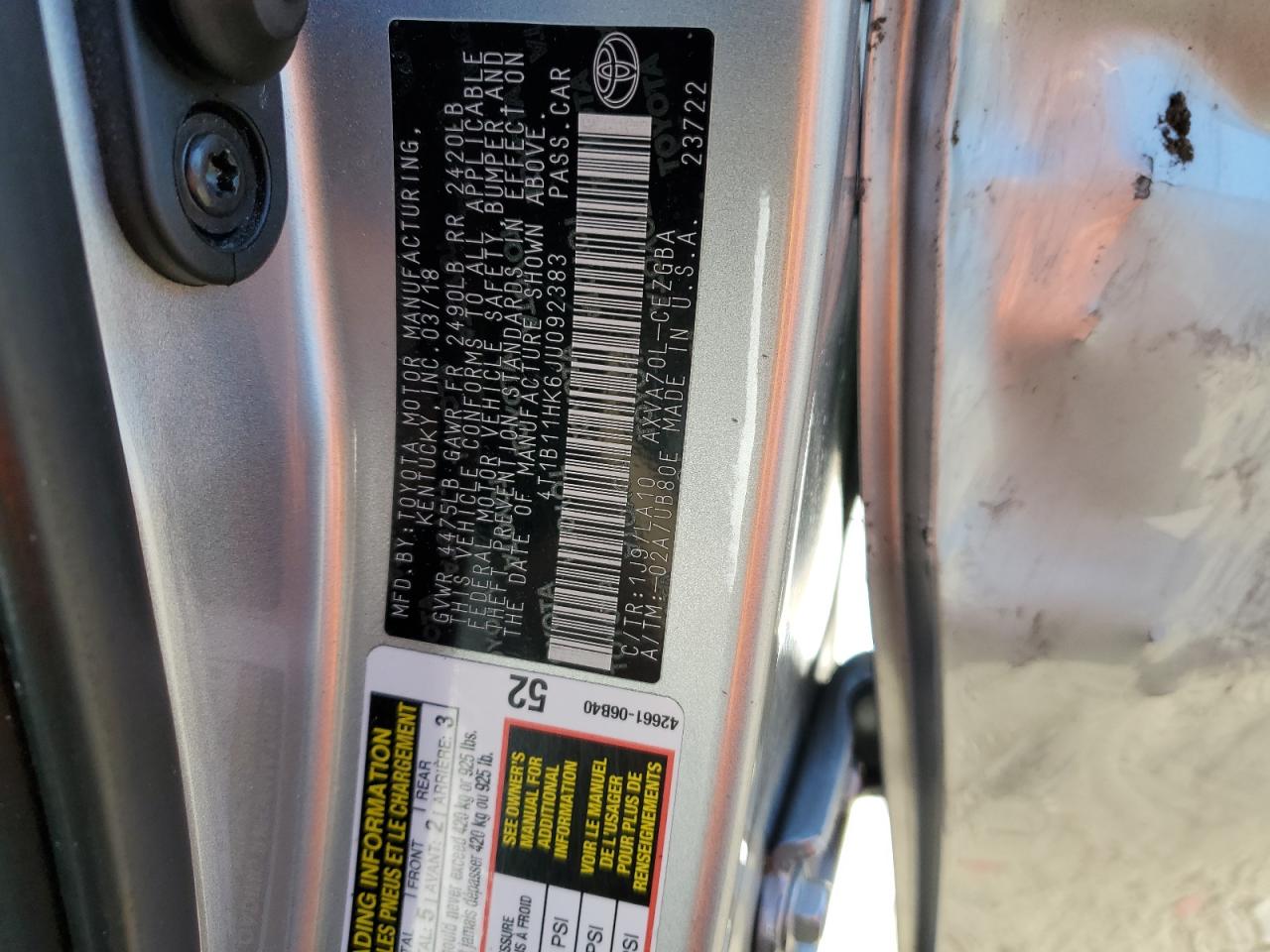 2018 Toyota Camry VIN 4T1B11HK6JU092383 Copart auction photo, front end / side damage thumbnail 14