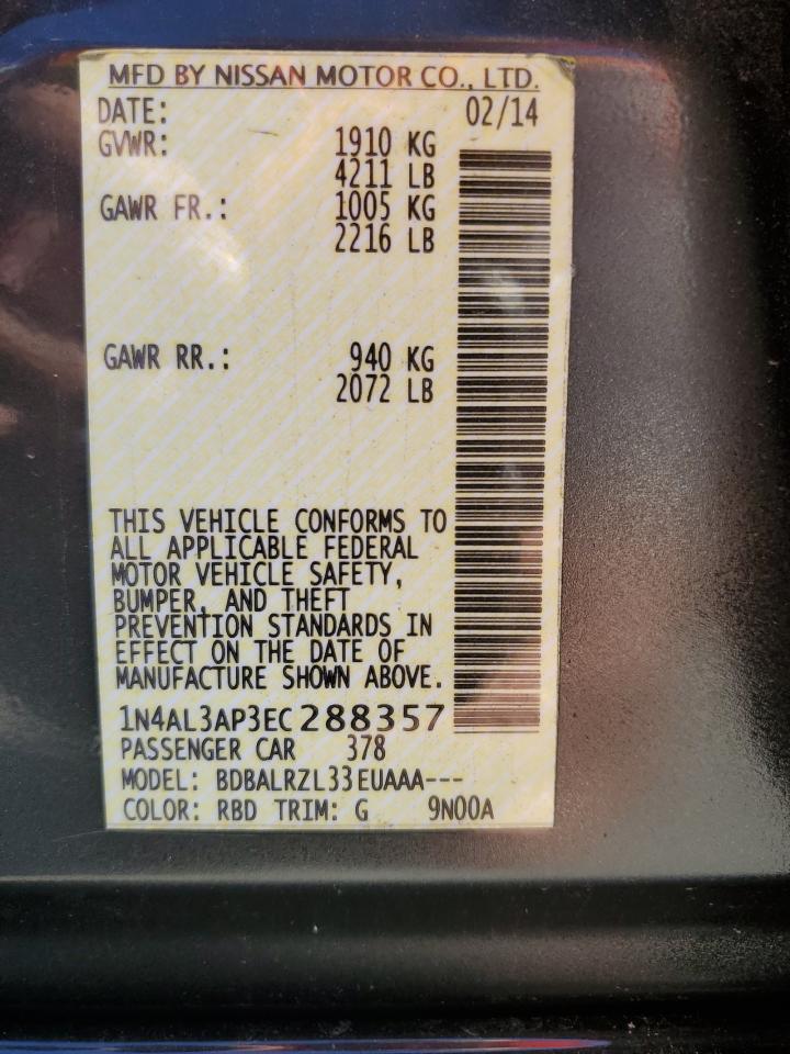 2014 Nissan Altima VIN 1N4AL3AP3EC288357 Copart auction photo, vandalism / rear end damage thumbnail 12