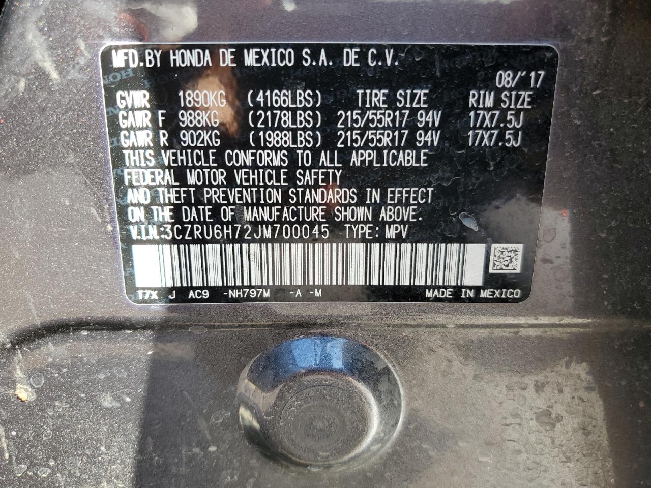 2018 Honda HR-V VIN 3CZRU6H72JM700045 Copart auction photo, front end / side damage thumbnail 14