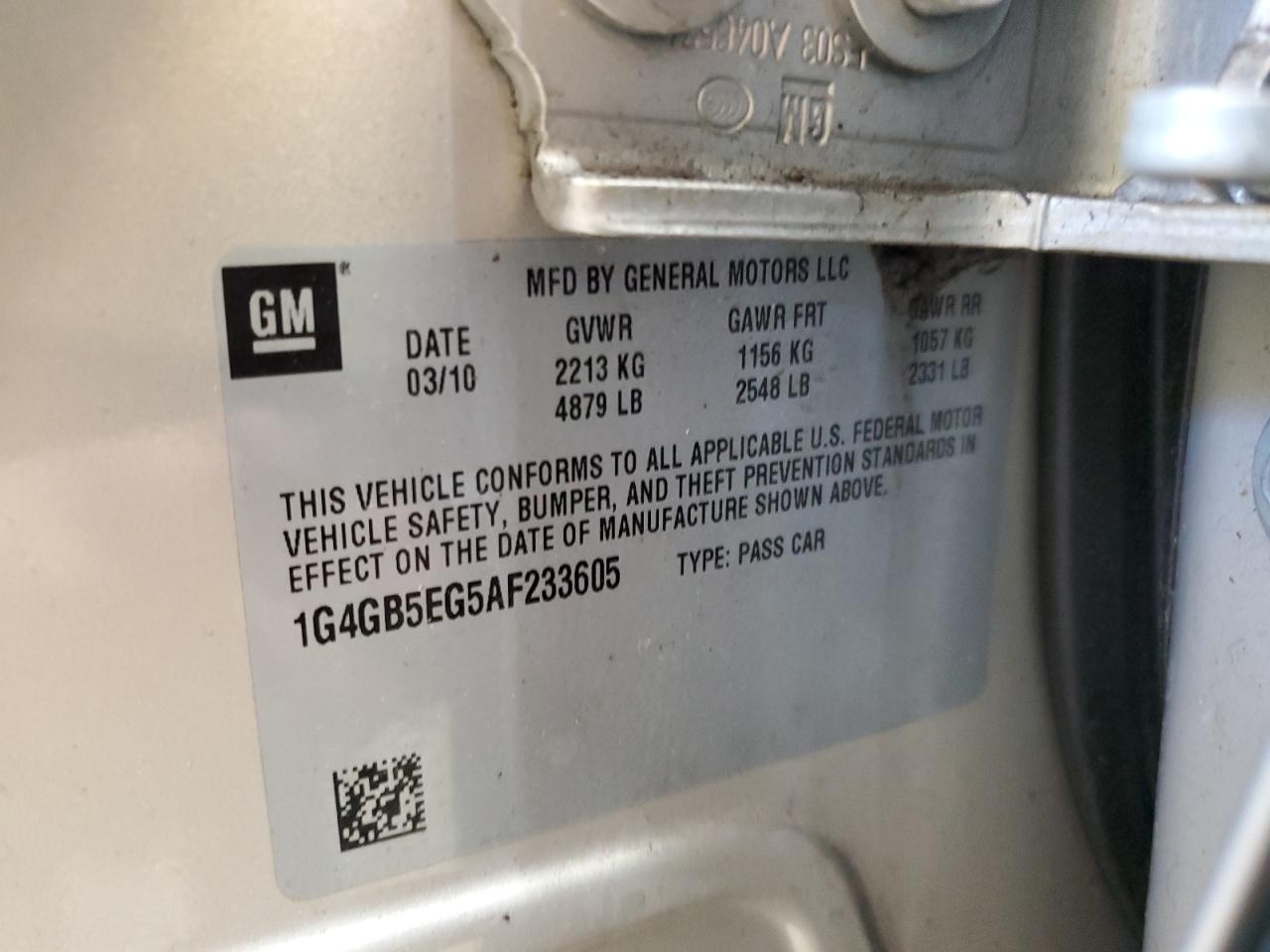 2010 Buick LaCrosse VIN 1G4GB5EG5AF233605 Copart auction photo, front end / side damage thumbnail 12