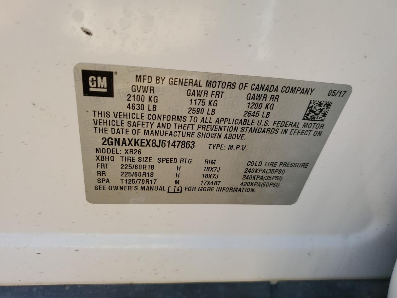 2018 Chevrolet Equinox VIN 2GNAXKEX8J6147863 Copart auction photo, front end damage thumbnail 14