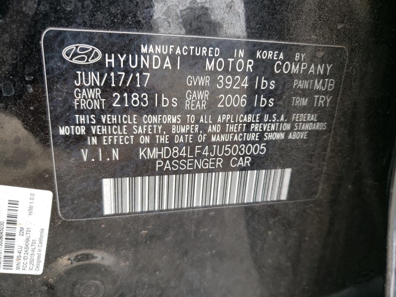 2018 Hyundai Elantra VIN KMHD84LF4JU503005 Copart auction photo, front end damage thumbnail 15