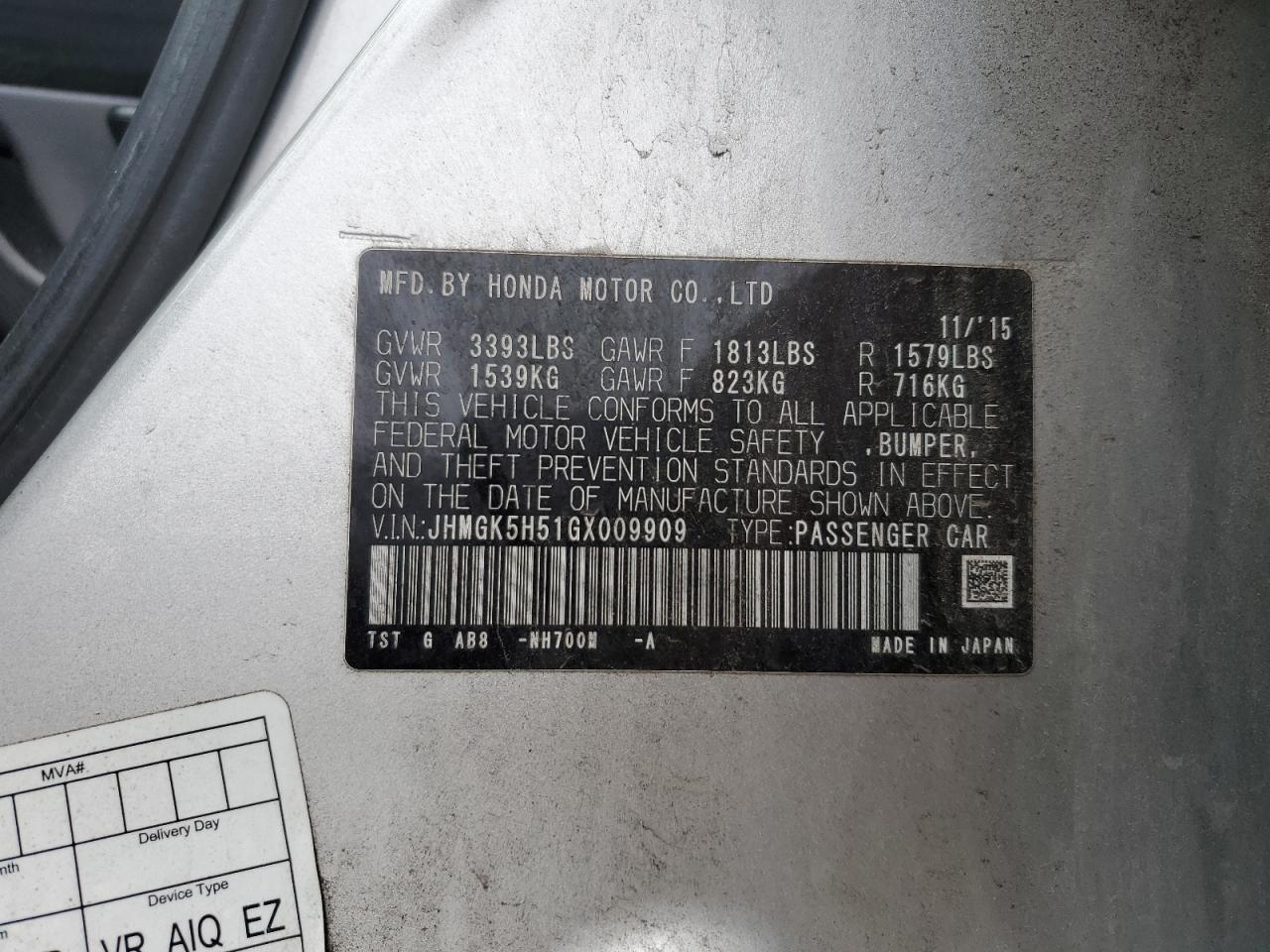 2016 Honda Fit VIN JHMGK5H51GX009909 Copart auction photo, side damage thumbnail 14