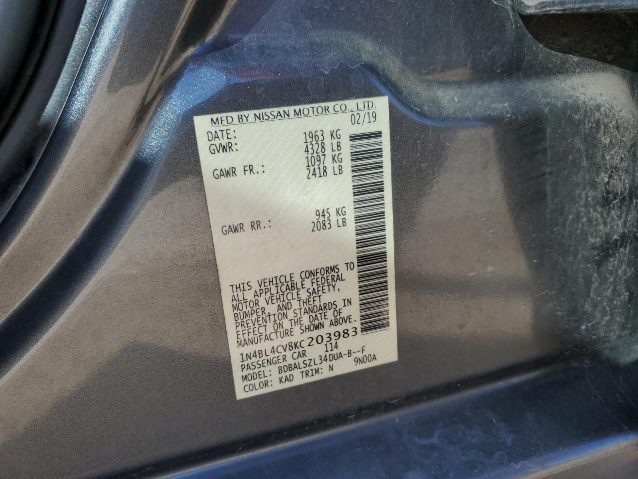 2019 Nissan Altima VIN 1N4BL4CV8KC203983 Copart auction photo, front end damage thumbnail 13