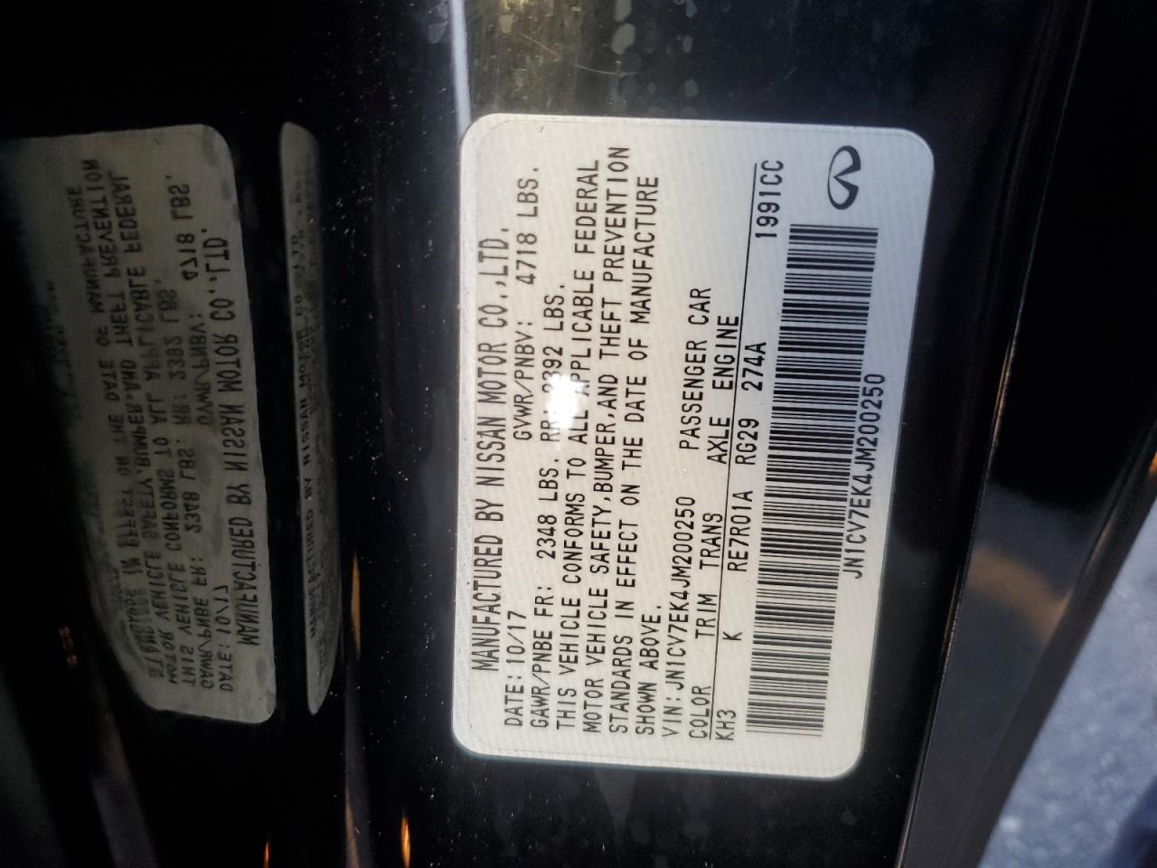 2018 Infiniti Q60 VIN JN1CV7EK4JM200250 Copart auction photo, water/flood damage thumbnail 13