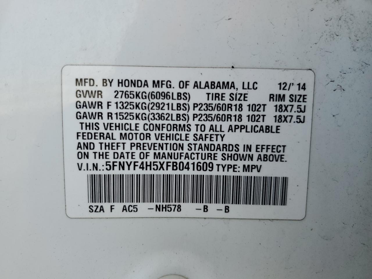 2015 Honda Pilot VIN 5FNYF4H5XFB041609 Copart auction photo, front end / side damage thumbnail 16
