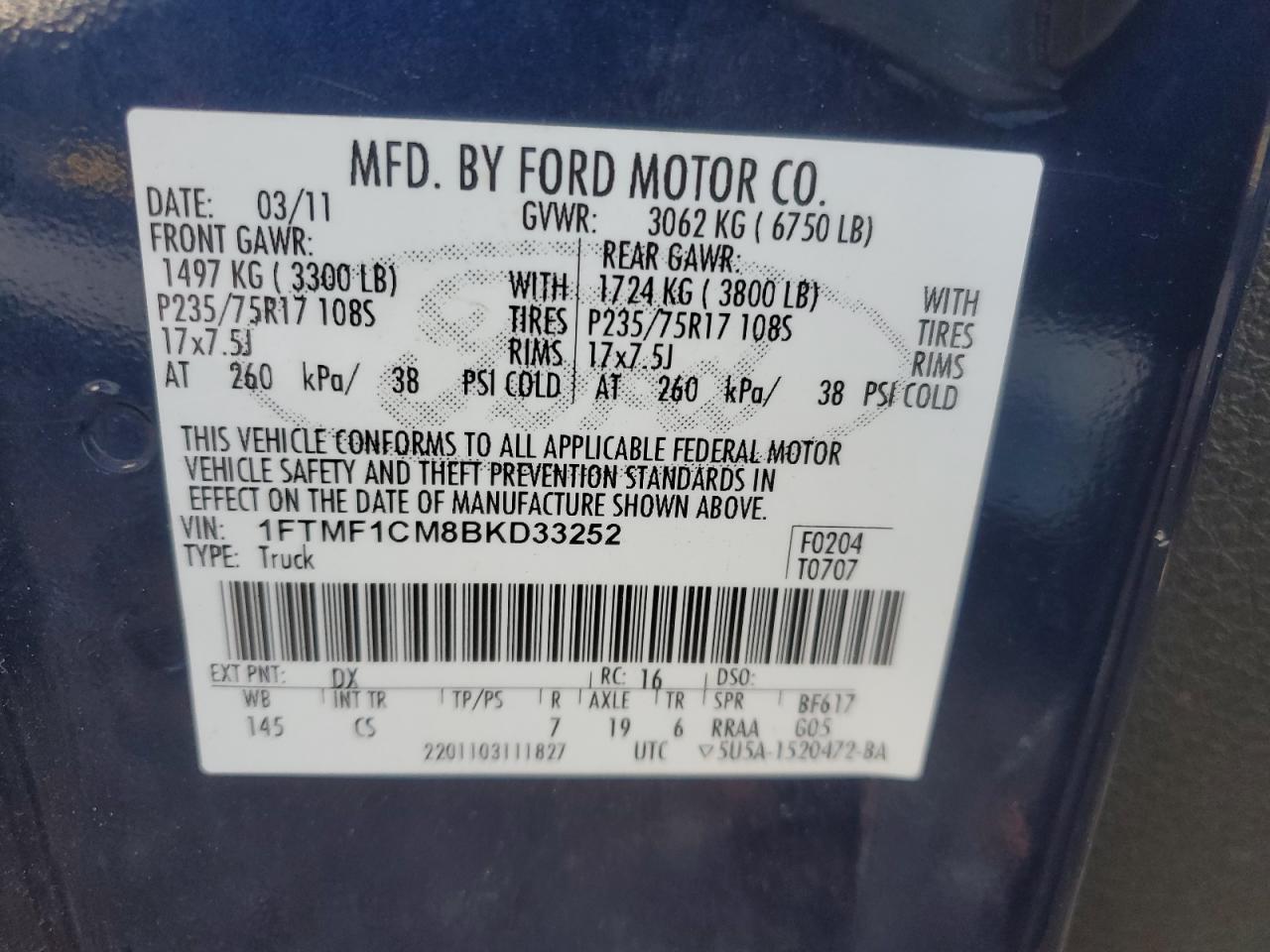 2011 Ford F-150 VIN 1FTMF1CM8BKD33252 Copart auction photo, minor dent/scratches damage thumbnail 12