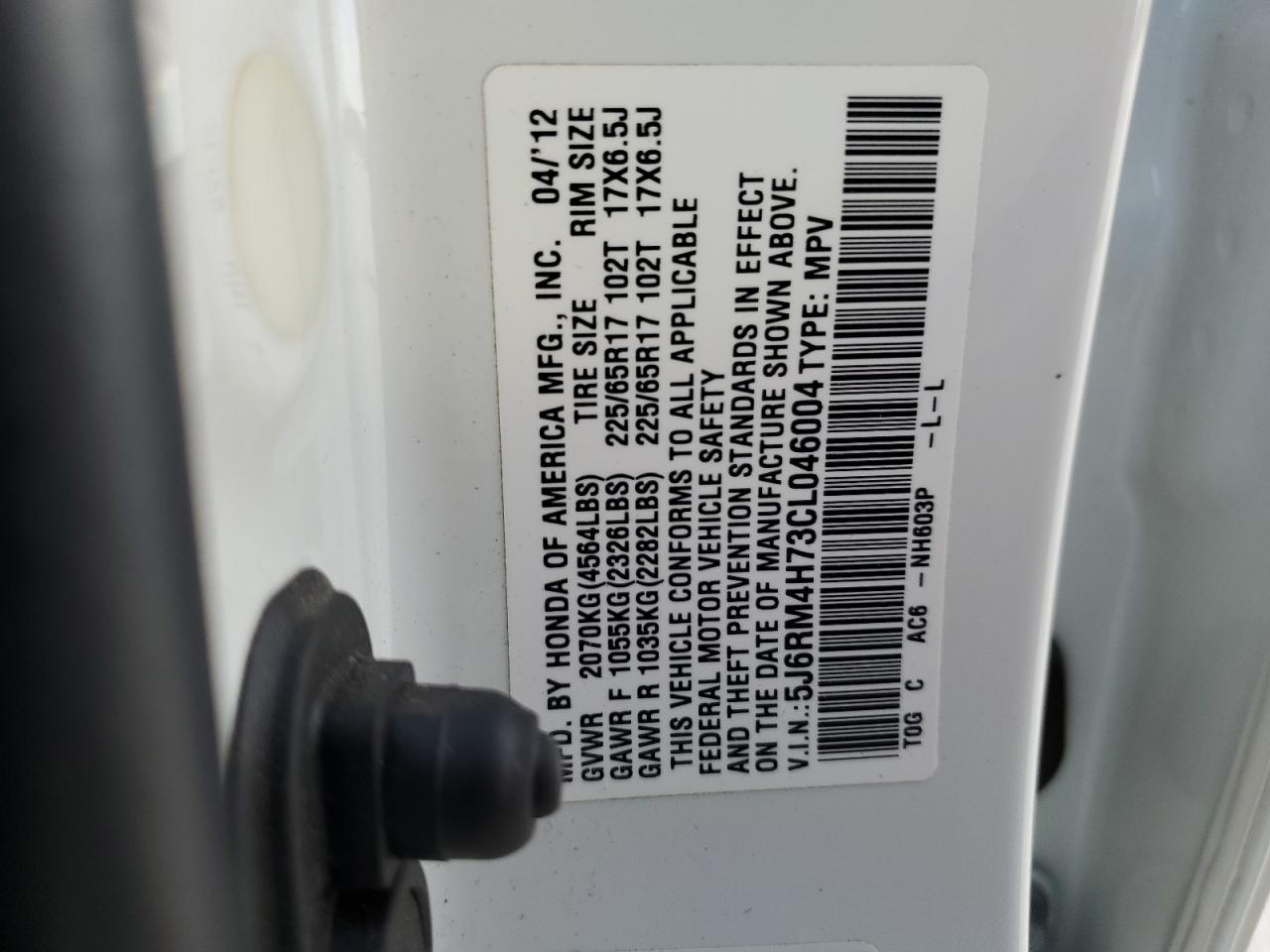2012 Honda CR-V VIN 5J6RM4H73CL046004 Copart auction photo, water/flood damage thumbnail 13