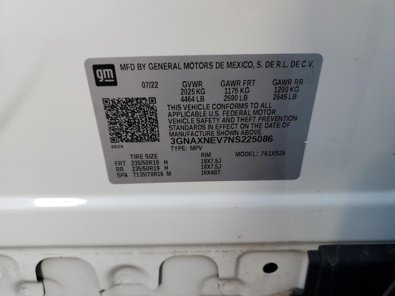 2022 Chevrolet Equinox VIN 3GNAXNEV7NS225086 Copart auction photo, front end / minor dent/scratches damage thumbnail 14