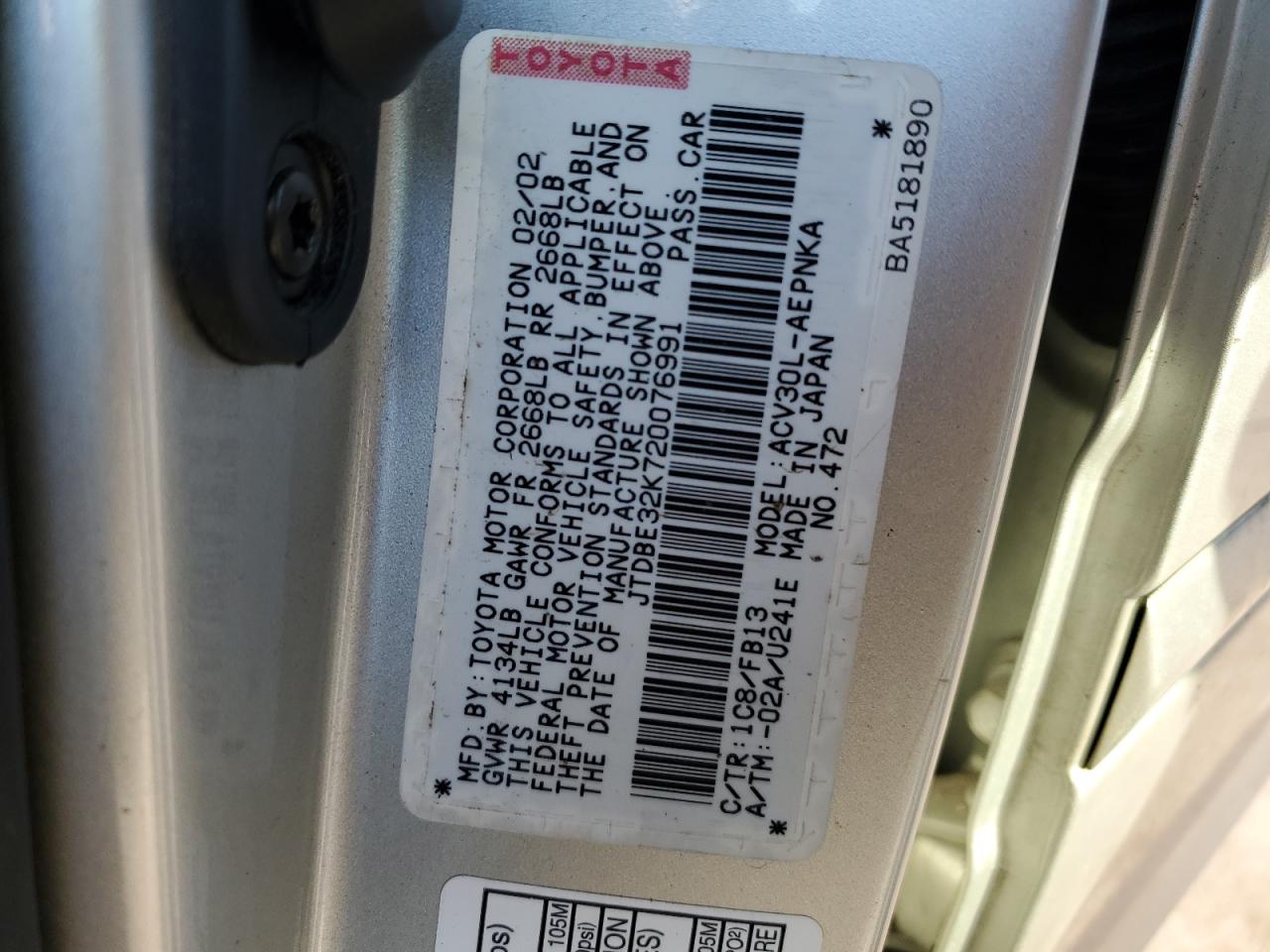 2002 Toyota Camry VIN JTDBE32K720076991 Copart auction photo, front end / rear end damage thumbnail 13