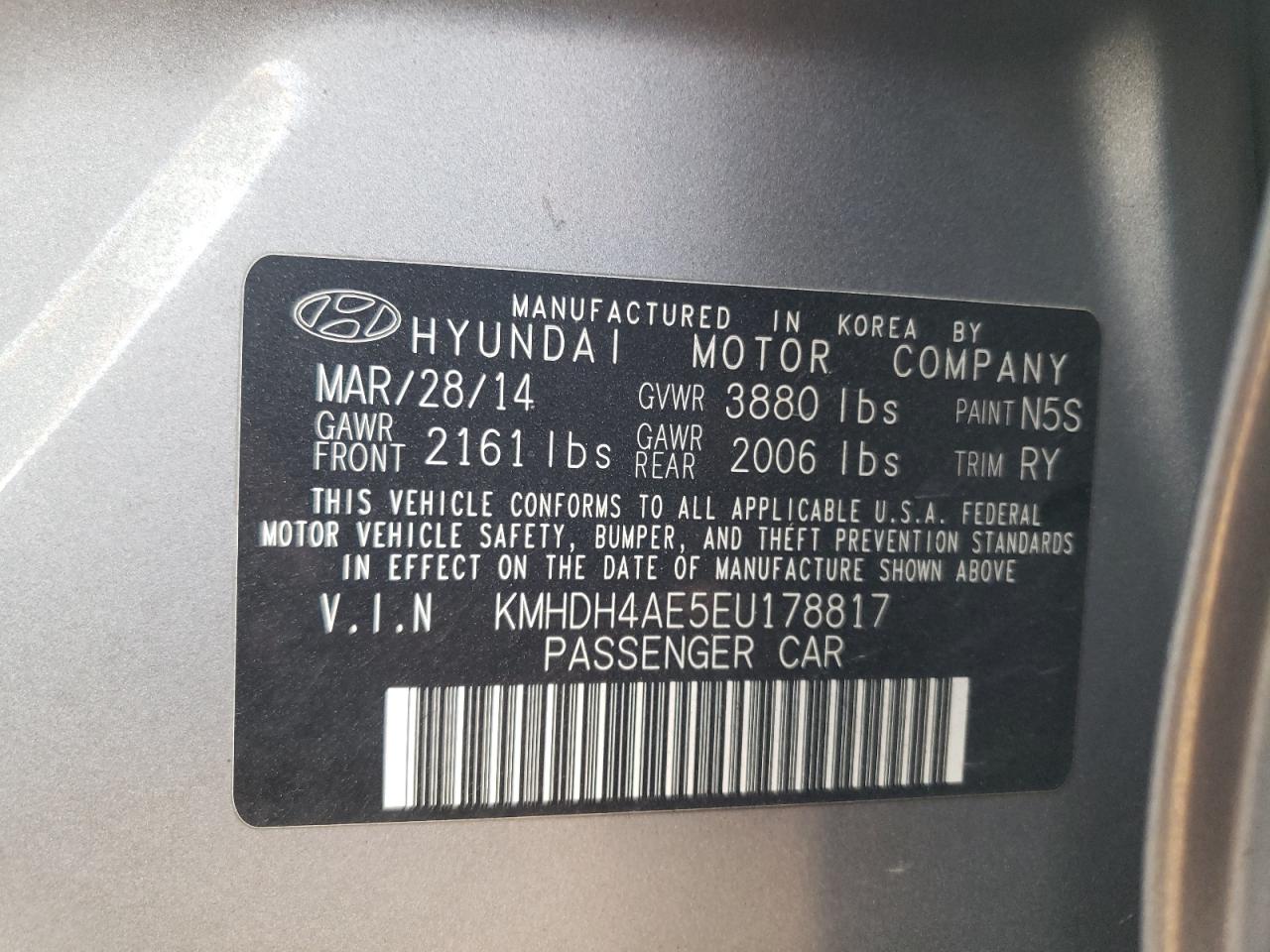 2014 Hyundai Elantra VIN KMHDH4AE5EU178817 Copart auction photo, front end / minor dent/scratches damage thumbnail 14