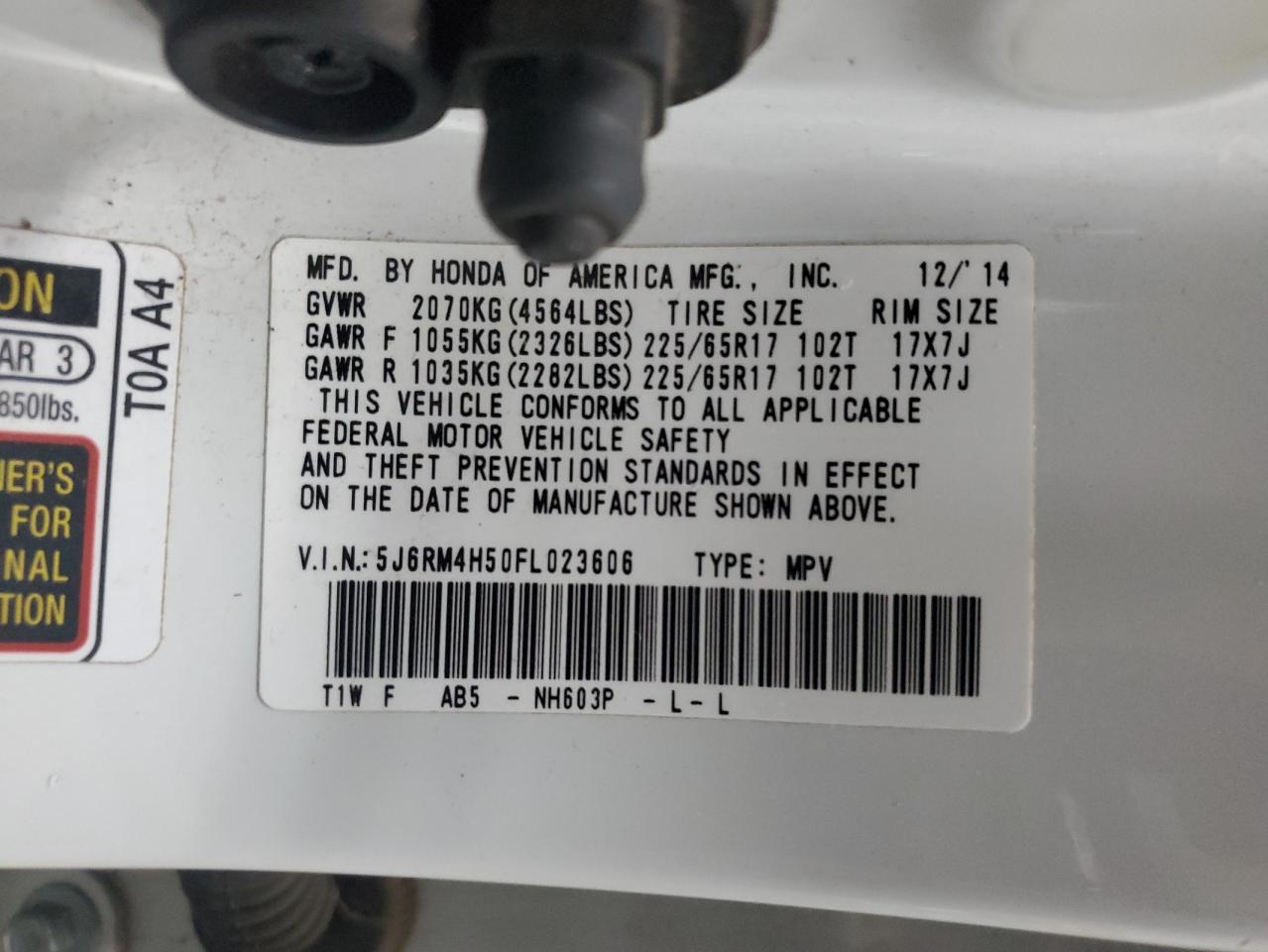 2015 Honda CR-V VIN 5J6RM4H50FL023606 Copart auction photo, front end / top/roof damage thumbnail 13